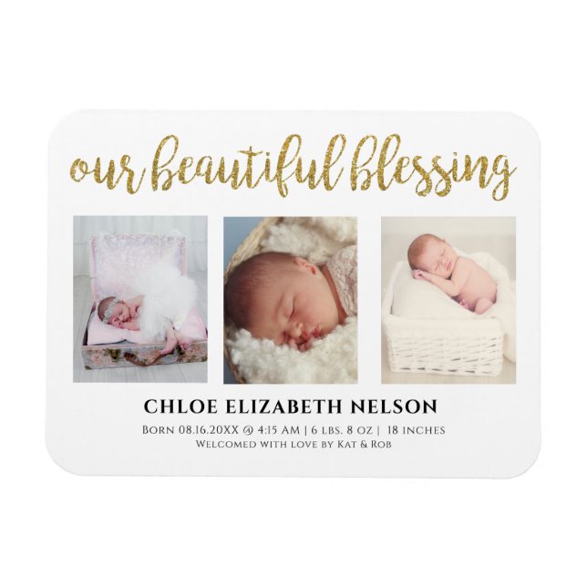Our Beautiful Blessing 3 Photo Gold Glitter Simple Magnet (Horizontal)