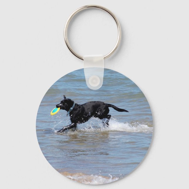 Our Black Labrador Retrieving Frisbee from Lake Keychain (Front)