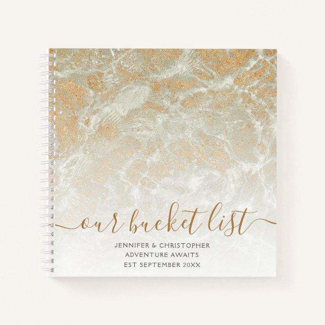 Our Bucket List Sand Marble Gold Glitter Notebook (Front)
