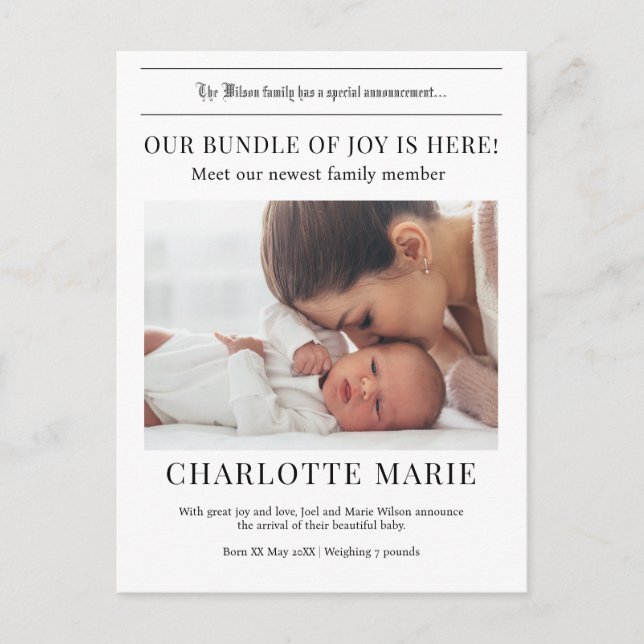 Our Bundle of Joy is here, Birth Announcement  Postcard (Front)