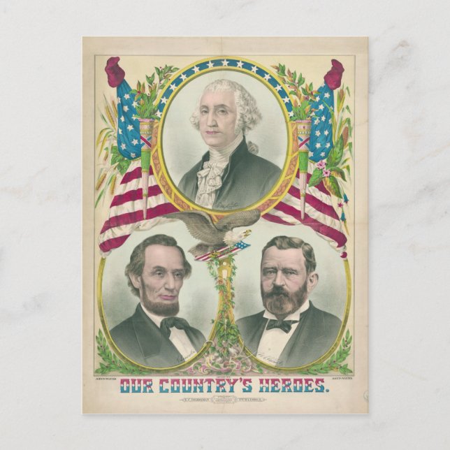 Our Country's Heroes Washington Lincoln Grant Postcard (Front)
