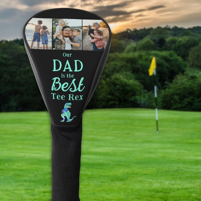 Our Dad is The Best Tee Rex 3 Photo Collage Golf Head Cover (Our dad is the best tee Rex personalized 3 photo collage golf head cover Funny dinosaur kids gift)