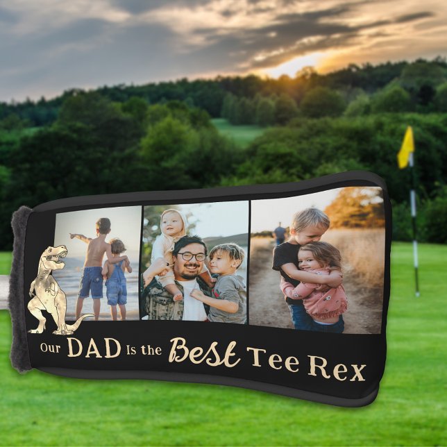 Our Dad is The Best Tee Rex 3 Photo Collage Golf Head Cover (Our dad is the best tee Rex personalized 3 photograph collage golf head cover dad gift  from kids)