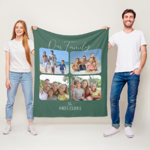 Our Family Calligraphy Script 4 Photos Green Fleece Blanket