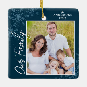 Our Family Handwriting Photo Blue Christmas Ceramic Ornament