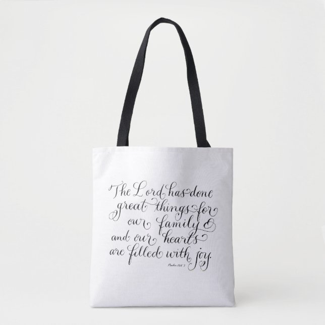 Our family inspirational typography verse tote bag (Front)