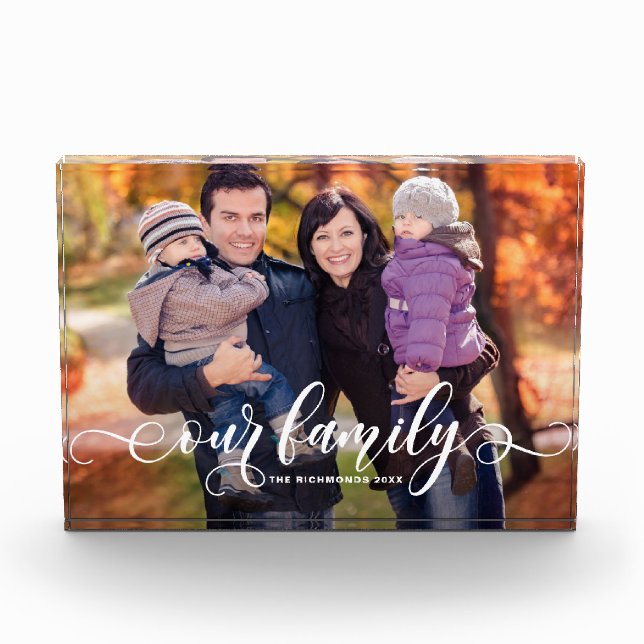 Our Family Modern Calligraphy Overlay Keepsake Photo Block (Front)