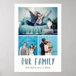 Our Family | Modern Three Photo Grid Poster<br><div class="desc">This fun and stylish poster features three of your personal family photos,  with modern teal text that says "our family" plus a spot to personalize with your family name and the year.</div>