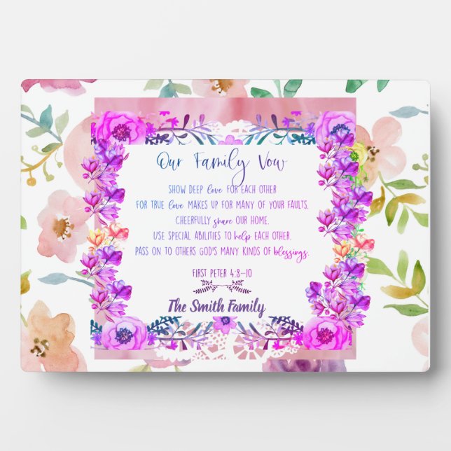 "Our Family Vow" floral Tabletop Plaque with Easel (Front)