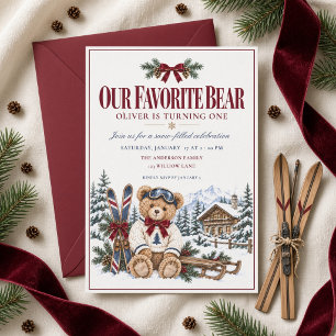 Our Favourite Bear Winter Teddy Burgundy Bow Invitation