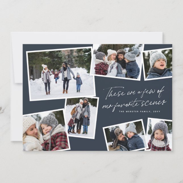 Our favourite scenes Christmas photo collage navy Holiday Card (Front)