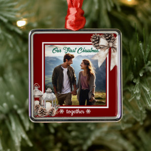 Our First Christmas 1 Photo Snow Pine Cones Metal Ornament