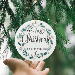 Our First Christmas 2025 Newlywed Mr & Mrs Wreath Ceramic Ornament