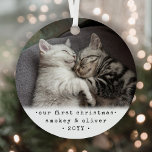 Our First Christmas 2 Cats or Any Pet Simple Photo Metal Ornament<br><div class="desc">Celebrate the simple joys of your newest furry family members with a custom 2 photo round metal ornament. Kitten pictures and all text on this template are simple to personalize and can be different or the same on front and back. If preferred, change "Our First Christmas" to any wording or...</div>