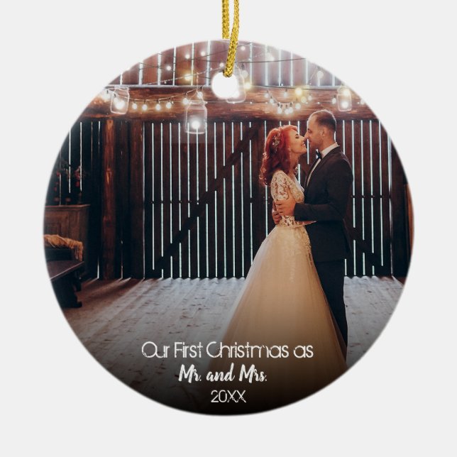 Our First Christmas 2 Photo Newlyweds Lights Ceramic Ornament (Front)