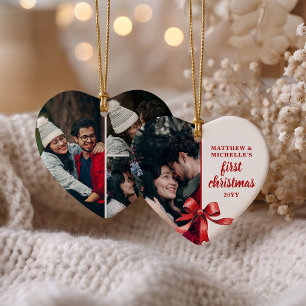 Our First Christmas 4 Photo Collage Red Bow Heart Ceramic Ornament