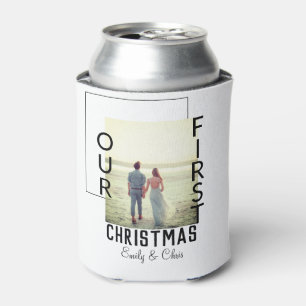 Our First Christmas add couple name photo minimal  Can Cooler