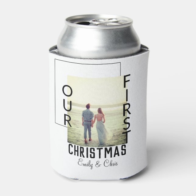 Our First Christmas add couple name photo minimal  Can Cooler (Can Front)