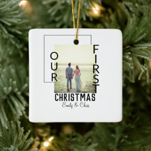 Our First Christmas add couple name photo minimal Ceramic Ornament
