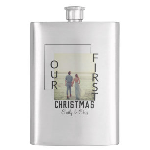 Our First Christmas add couple name photo minimal  Hip Flask