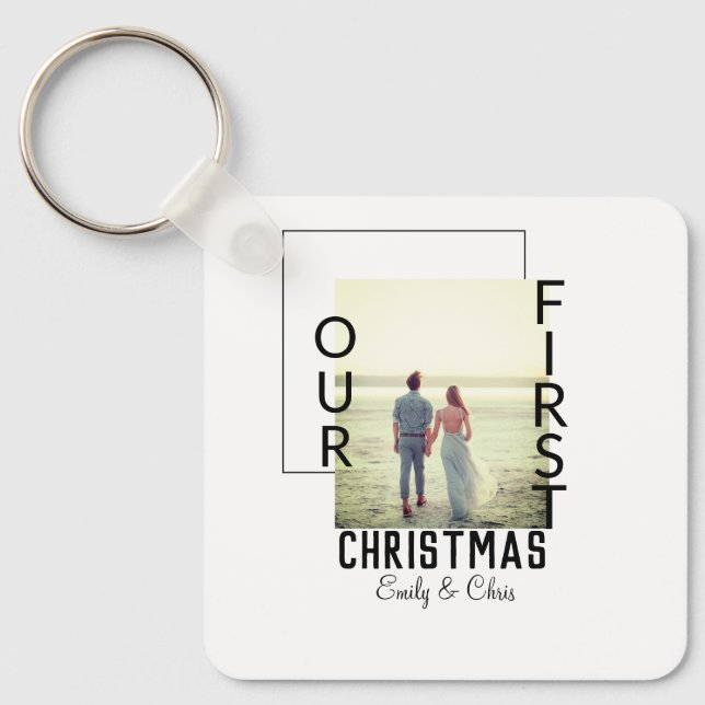 Our First Christmas add couple name photo minimal  Keychain (Front)