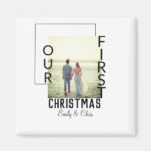 Our First Christmas add couple name photo minimal  Magnet