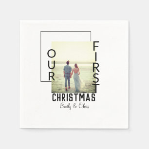 Our First Christmas add couple name photo minimal  Napkin