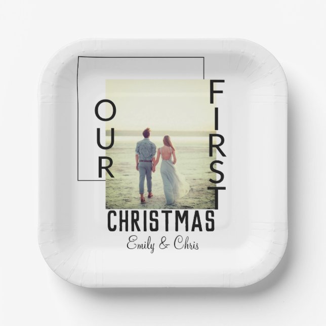 Our First Christmas add couple name photo minimal  Paper Plate (Front)