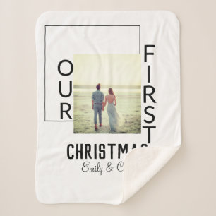 Our First Christmas add couple name photo minimal  Sherpa Blanket
