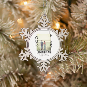 Our First Christmas add couple name photo minimal  Snowflake Pewter Christmas Ornament