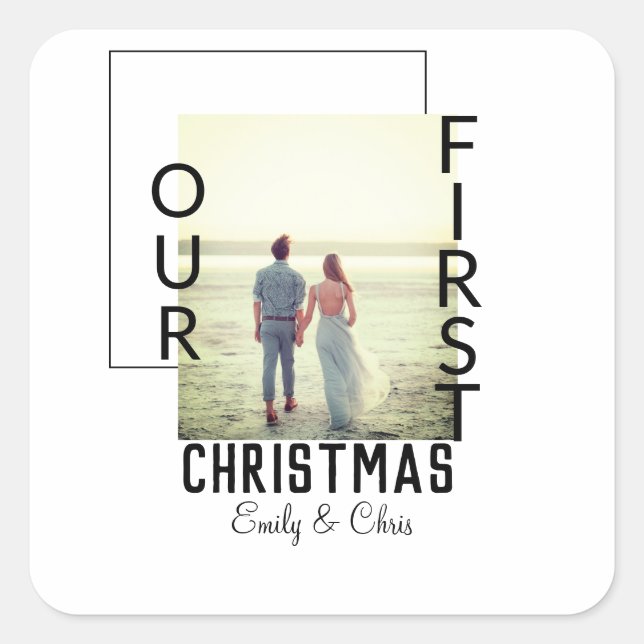 Our First Christmas add couple name photo minimal  Square Sticker (Front)