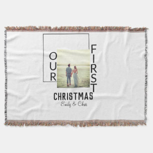 Our First Christmas add couple name photo minimal  Throw Blanket