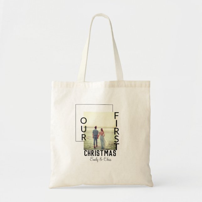 Our First Christmas add couple name photo minimal  Tote Bag (Front)