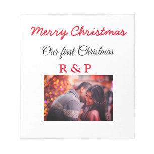 Our first Christmas add name photo wedding engaged Notepad