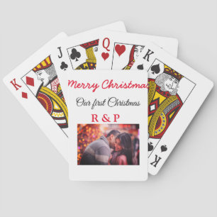 Our first Christmas add name photo wedding engaged Playing Cards