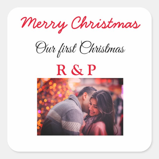 Our first Christmas add name photo wedding engaged Square Sticker (Front)