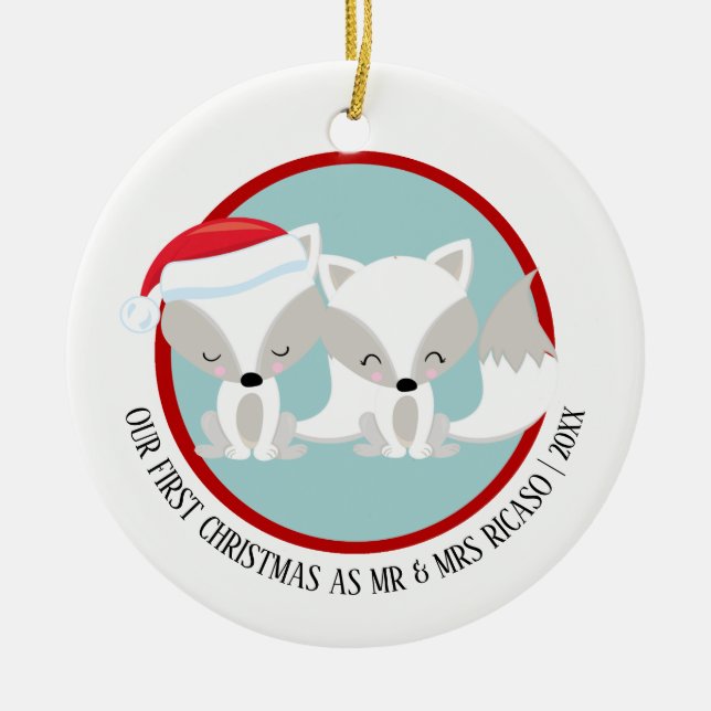 Our First Christmas Arctic Foxes Personalized Ceramic Ornament (Front)