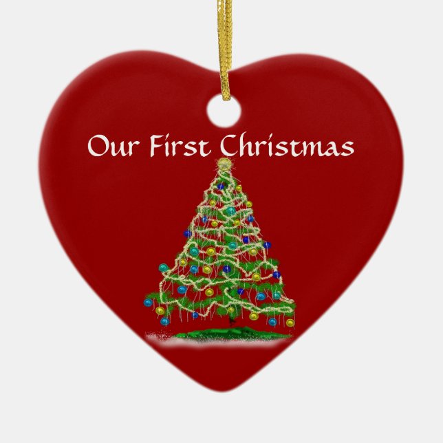 Our First Christmas - Arty Abstract Christmas Tree Ceramic Ornament (Front)