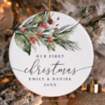 Our First Christmas as a Couple Ornament<br><div class="desc">Customizable Holiday ornament. Edit the wording to celebrate your first Christmas together. Holiday greens with red berries watercolor illustration.</div>