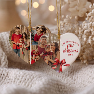 Our First Christmas As a family 4 Photo Red Bow Ceramic Ornament