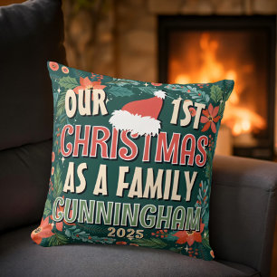 Our First Christmas As A Family Colourful Wreath Throw Pillow