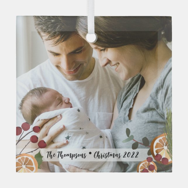 Our first Christmas as a family Custom photo Glass Glass Ornament (Front)