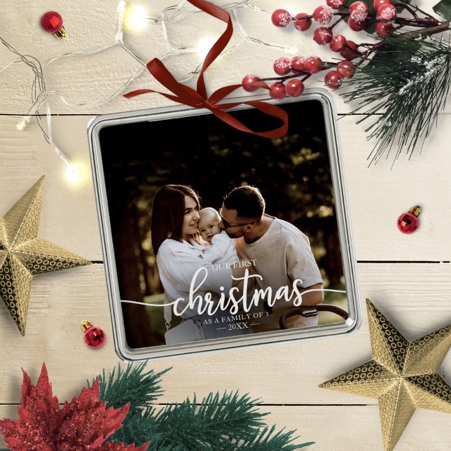 Our First Christmas As A Family Of 3 Elegant Photo Metal Ornament (Creator Uploaded)