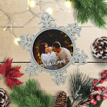 Our First Christmas As A Family Of 3 Elegant Photo Snowflake Pewter Christmas Ornament<br><div class="desc">Our First Christmas As A Family Of 3 Elegant Photo Ornament</div>