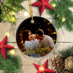 Our First Christmas As A Family Of 3 Gold Foil Ceramic Ornament<br><div class="desc">Our First Christmas As A Family Of 3 Gold Foil Ceramic Ornament</div>