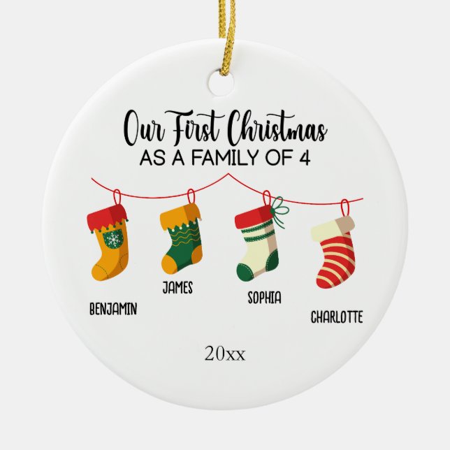 Our First Christmas as a family of 4 custom names Ceramic Ornament (Front)