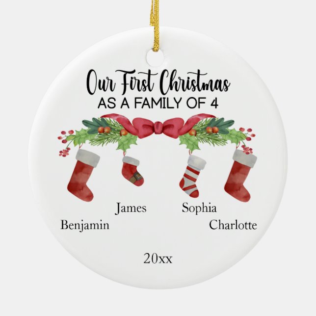 Our First Christmas as a family of 4 custom names Ceramic Ornament (Back)