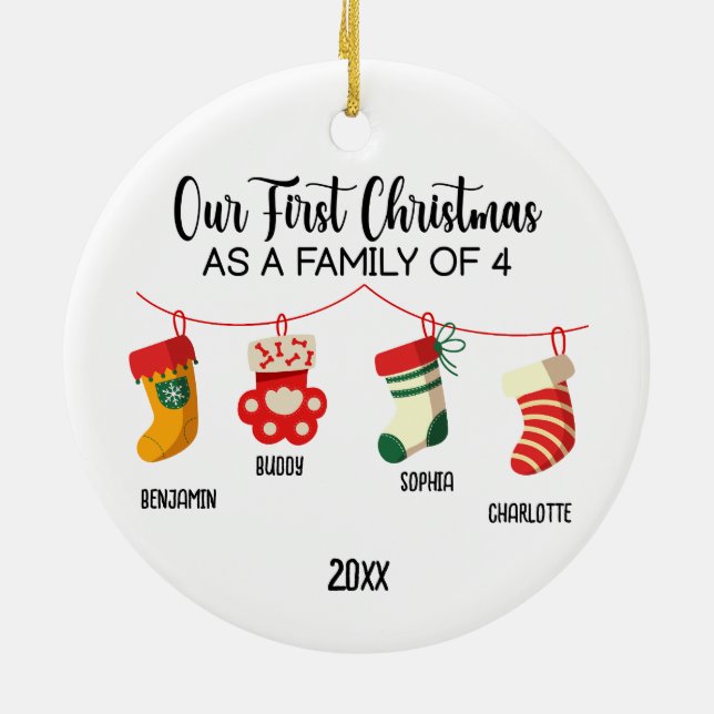 Our First Christmas as a family of 4 custom names Ceramic Ornament (Back)