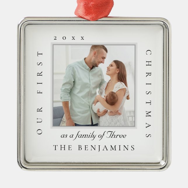 Our First Christmas As A Family Of Christmas Photo Metal Ornament (Front)