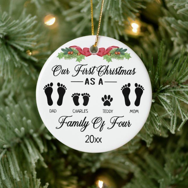 Our First Christmas as a Family Of Four Footprint Ceramic Ornament (Tree)